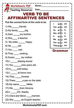 worksheet for the verb to be affirmative sentence