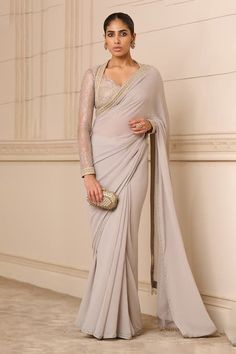 Buy Grey Saree Silk Chiffon Embroidered Lace Scoop Neck With Work Blouse For Women by Tarun Tahiliani Online at Aza Fashions. Lace Saree Blouse, Latest Bridal Lehenga Designs, Lace Sleeve Blouse, Cotton Saree Designs, Indian Saree Blouses Designs