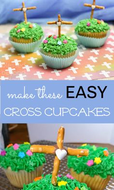 cupcakes with green frosting and crosses on them are sitting on a table