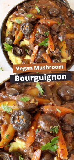 two pictures of different types of food in a pan with the words vegan mushroom bourg