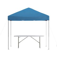 a blue and white tent with a bench underneath it, on a white background that appears to be used as a picnic table