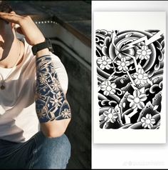 a man with tattoos on his arms and shoulder sitting next to an image of flowers