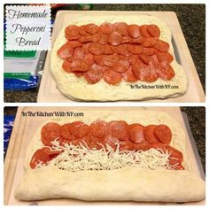 homemade pepperoni and cheese pizza dough in the shape of a hot dog on a baking sheet