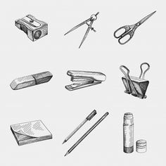 pencils, scissors and other items are drawn in black ink