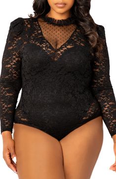 Voluminous puff shoulders lend vintage-inspired drama to this stretchy lace bodysuit that's sheer for layering ease. Pull-on style Ruffled jewel neck Long sleeves Sheer 95% nylon, 5% spandex Hand wash, line dry Imported Elegant Long Sleeve Lace Bodysuit, Stretch Lace Long Sleeve Bodysuit, Lace Bodysuit With Lace Closure For Party, Party Lace Bodysuit With Lace Closure, Long Sleeve Lace Bodysuit For Party, Fitted Long Sleeve Lace Bodysuit, Lace Bodysuit For Party, Lace Stretch Bodysuit For Night Out, Stretch Lace Bodysuit For Night Out