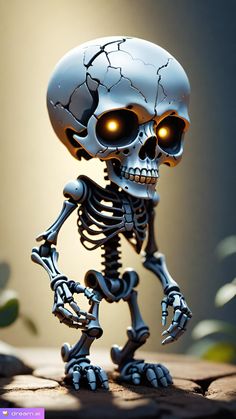 a skeleton with glowing eyes standing on a rock