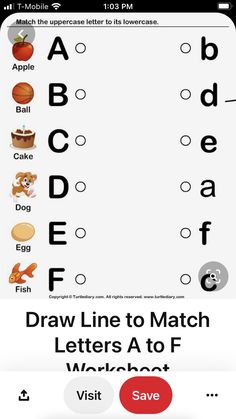 an iphone screen with the words draw line to match letters a to f and save