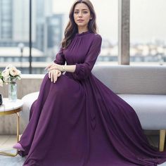 Lasaky - Refined Solid Color Long Sleeve A-line Dress with Waist Cinching, featuring Chiffon fabric Dark Purple Gown Elegant, Purple Gown Elegant, Dark Purple Gown, Purple Gown, Asymmetrical Maxi Dress, Stylish Maxi Dress, Gown Elegant, Drape Maxi Dress, Strapless Bodycon Dress