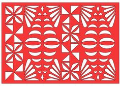 a red and white paper cutout with geometric shapes on the bottom, in different sizes