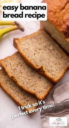 three slices of banana bread sitting on top of a white paper towel next to bananas