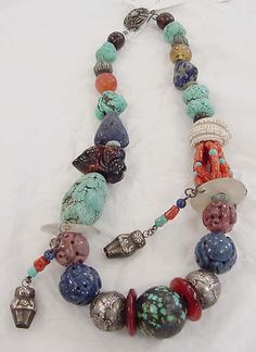 Necklace |  Tibet.  ca. 1875–1925 | Glass, silver, turquoise, stone, coral, cobalt, amber, ivory, cotton Tibetan Necklace, Mobile Art, Art Necklaces, Vintage Stuff, Native American Jewelry, Metropolitan Museum Of Art