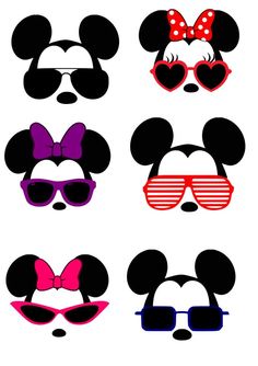 mickey and minnie mouse face with sunglasses on each one's head in different colors