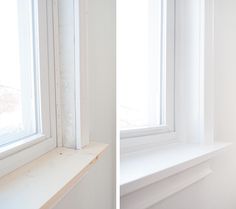 two different views of a window sill with white paint on the windowsills