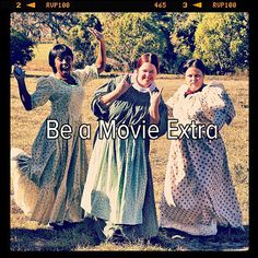 three women in dresses standing next to each other with the words be a movie extra