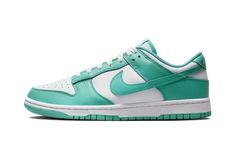 The Nike Dunk Low "Clear Jade" is a colorway of the popular shoe with a warm weather vibe.  Designed for casual wear, the “Clear Jade” colorway features a white leather upper with Clear Jade leather overlay panels and Swoosh branding.  A white “Nike” logo is stitched onto the heel and “Nike” and Swoosh branding are found on the tongue tag.  Underfoot, a white rubber midsole and Clear Jade rubber outsole complete the look.  Release date: July 1, 2023 Popular Shoe, Dunk Low Nike, Popular Shoes, Sneaker Release, Stadium Goods, White Nike, Nike Dunk Low, July 1, Dunk Low