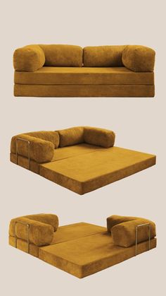 three different views of a couch and ottoman