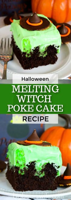 halloween melting witch poke cake recipe on a white plate with green frosting and pumpkins in the background