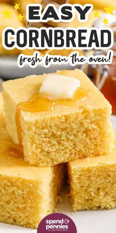 easy cornbread fresh from the oven on a white plate with text overlay that says easy cornbread fresh from the oven