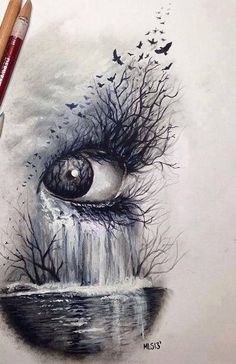 a pencil drawing of an eye and trees