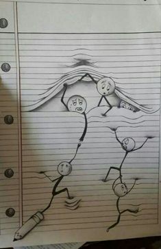 a drawing of three people holding hands in the air