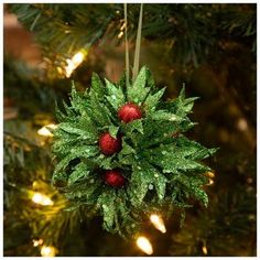 a christmas ornament hanging from a tree with red berries and green leaves on it