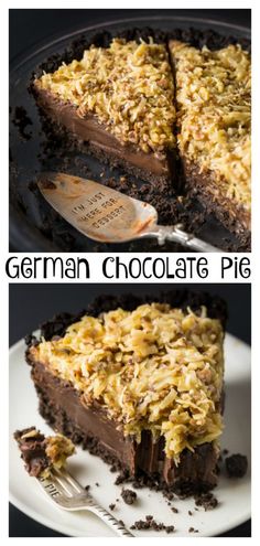 there is a chocolate pie with coconut toppings on the top and bottom, along with another piece missing from it