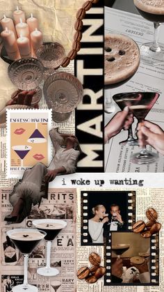 collage of various images with words and pictures on them, such as martinis