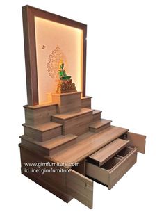 the stairs are made out of wood and have drawers under them with an illuminated light