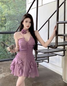 Lilac Halter Flower Ruffles Dress | Handong - Dreamcatcher Lilac S Purple Fairy Dress, Purple Sundress, Kpop Dress, Lace Ruffle Dress, Ruffle Dresses, Purple Fairy, Elegant Summer Dresses, Ruffles Dress, Clueless Outfits