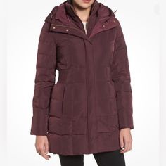 Cole Haan Women’s Merlot Hooded Down & Feather Puffer Jacket Sz Xs New With Tags Excellent Condition Never Worn Cole Haan Signature Merlot Hooded Down & Feather Puffer Jacket Size Xs. Baffle-Box Quilting Locks In The Down-Hybrid Insulation Of This Puffy Parka, Fitted At The Waist And Inset With An Extra Stand-Collar Placket. Size: Xs = 2 (Fits True To Size) Color: Merlot (Burgundy/Purple) - Front Zip Closure With Outer Snap Placket - Drawcord Hood - Elastic Waist - Front Hand-Warmer Pockets - Li Fall Down Hooded Jacket With Double-lined Hood, Fall Double-lined Hood Down Jacket, Hooded Burgundy Outerwear For Winter, Hooded Burgundy Outerwear For Fall, Burgundy Hooded Outerwear For Winter, Fitted Puffer Jacket With Double-lined Hood For Fall, Fall Fitted Puffer Jacket With Double-lined Hood, Fitted Hooded Puffer Jacket For Workwear, Fall Down Hooded Jacket