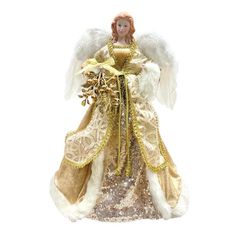 an angel figurine with white wings and gold sequins on it's body