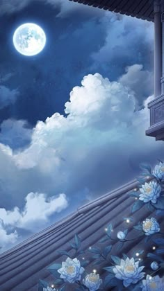 the sky is full of clouds and blue flowers