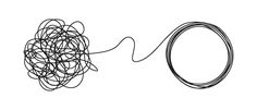 a black and white drawing of a ball of yarn next to an oval object on a string