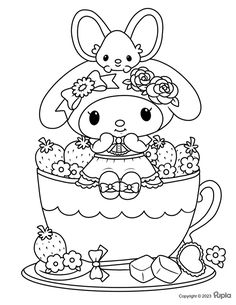 a cartoon bunny sitting in a teacup filled with strawberries and other things to color