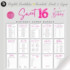 the sweet 16 birthday games bundle is shown with pink and white numbers on it, which are