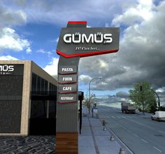 the sign for gumus restaurant is shown in two different photos, one with an empty street