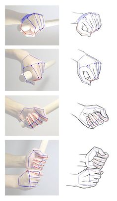 hands are shown with different lines and shapes in the same direction, including one hand holding something