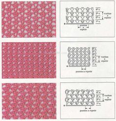 four different types of crochet patterns are shown in pinks and blues, with white dots on them