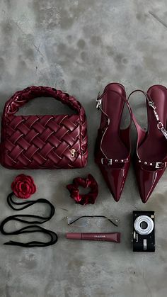 Maroon Bag, Burgundy Aesthetic, Red Accessories, Mode Inspiration, Red Shoes, Cherry Red, Shades Of Red, Red Nails