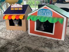 there are two cardboard houses with cats in them