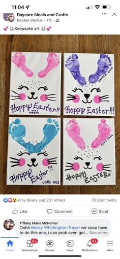 four handprinted easter cards with the words happy easter written in pink, blue and purple