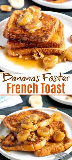 banana fosterer french toast on a white plate with syrup and bananas in the background