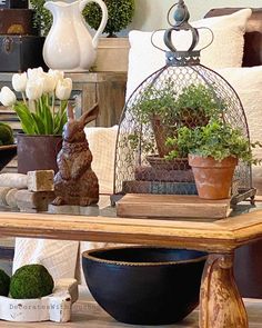 a table topped with lots of potted plants and other decorating items on top of it