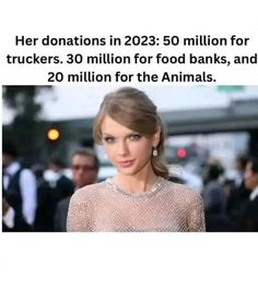 a woman is standing in front of an advertisement for food banks, and the caption reads her donations in 205 $ 50 million for truckers 30 million for food banks, and 20 million for the animals