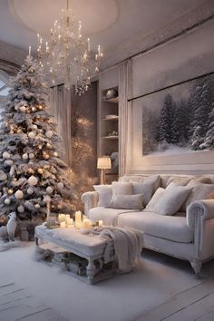 a living room with a christmas tree in the corner and candles on the coffee table