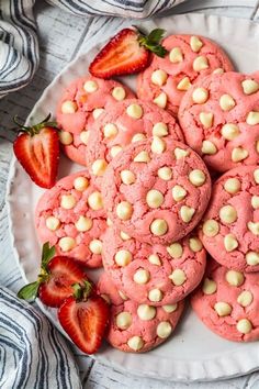 strawberry cookies with white chocolate chips on a plate