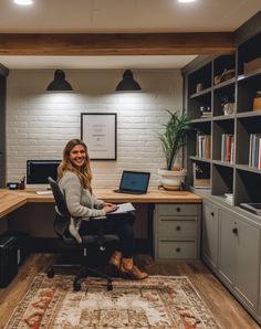 Garage Office Combo, Basement Office Craft Room, Basement Computer Area, Full Wall Office Desk, Basement Built In Desk, Basement Remodel With Office, Office Space In Kitchen Area, Masculine Sports Office, Best Home Office Background