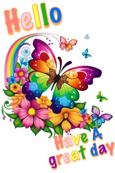 colorful butterflies and flowers with rainbow colors on white background photo - realistic illustration for children's design or wallpaper