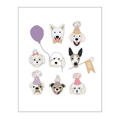 a card with dogs wearing party hats and balloons in the shape of their own faces