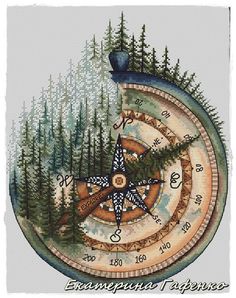 a cross stitch pattern with a compass and pine trees